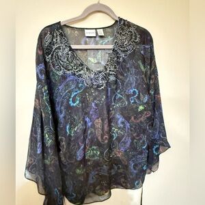 Chico's Black Sheer Paisley Beaded V-Neck Tunic Whimsy Fairy Goth